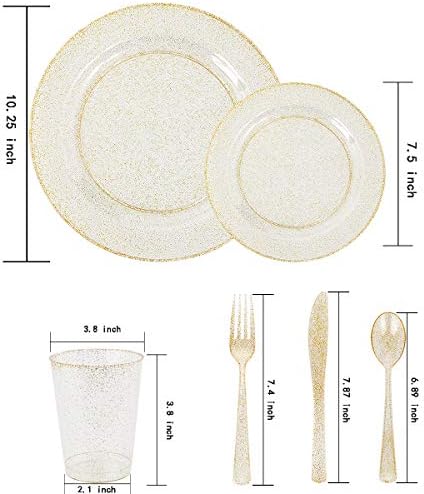 WELLIFE 175 Pieces Gold Glitter Plastic Plates with Silverware and Cups, Includes: 50 Plates, 50 Forks, 25 Knives,25 Spoons and 25 Cups for Party - Image 2