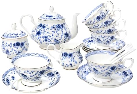 Bone China Tea Set, 21-Pieces Porcelain Tea Set for Adults, Tea Cups And Saucers for 6, with Teapot, Spoons, Sugar Bowl, Creamer Pitcher, Vintage Tea Set for Women Tea Party,Gift Box (Blue) by LEPOTOCLO