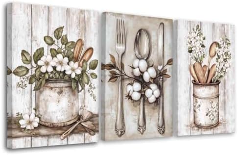 YMXDYMJSW Vintage Kitchen Wall Art 3 Piece Kitchenware Pictures Fork Knife Spoon Floral Canvas Print Farmhouse Floral Tableware Painting for Dining Room Home Decor (White, (24.00" x 36.00" x 3PCS)) by YMXDYMJSW