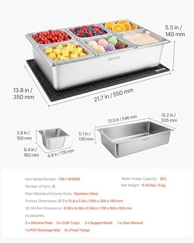 VEVOR Countertop Food Serving Display Container, Stainless Steel Food Salad Server Tray, Buffet Condiment Dispenser, Ice Cooled Rack with Separate Lid, for Restaurant, Hotel, Party (6x1/6 Pan) - Image 7