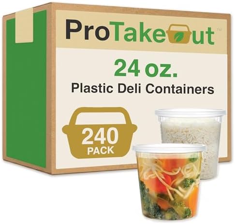24oz [240 set] Heavy Duty Plastic Deli Container | BPA-Free Food Storage with Airtight Leak‑Proof Lids | Microwave, Freezer & Dishwasher Safe – Stackable, Bulk Reusable Soup & Meal Prep Tub by ProTakeOut