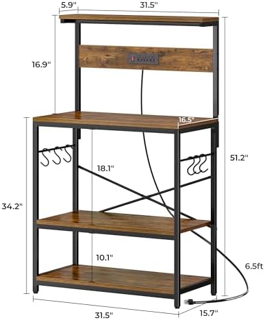SUPERJARE Bakers Rack with Power Outlets, Microwave Stand, 31.5 X 16.5 Inch Larger Desktop, Kitchen Storage Rack with Adjustable Middle Shelf, 6 S-Shaped Hooks, Coffee Bar Stand, Rustic Brown - Image 7