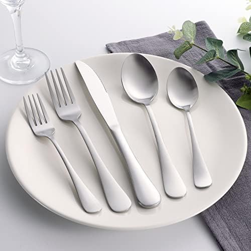60 Piece Silverware Set for 12, LIANYU Stainless Steel Flatware Cutlery Set Includes Knives, Forks and Spoons, Modern Tableware Set for Home Restaurant Party, Matte Finish, Dishwasher Safe - Image 2