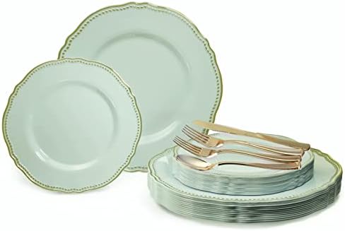 " OCCASIONS " 150pcs set (25 Guests)-Wedding Plastic Plates & cutlery -Disposable heavyweight Dinnerware 10.25'', 7.5'' + Silverware w/double fork (Rochelle Seafoam/Mint and Gold)) by OCCASIONSFINESTPLASTICTABLEWARE