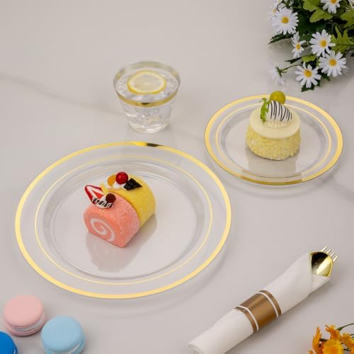 realluck 350PCS Clear Gold Plastic Dinnerware Set for 50 Guests, Disposable Party Plate for Wedding Party, Include: 100 Plastic Plates, 50 Pre Rolled Napkins with Silverware, 50 Cups - Image 4