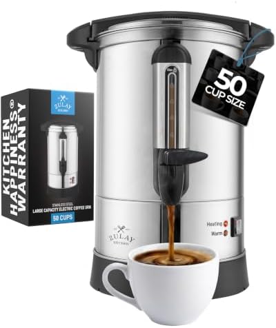 Zulay Kitchen 50 Cup Coffee Urn Commercial Coffee Maker, Hot Water Urn - Large Coffee Maker With Double-Wall Stainless Steel, Quick Brew, Stays Hot for Tea & Beverage at Events & Catering - Silver by ZulayKitchen