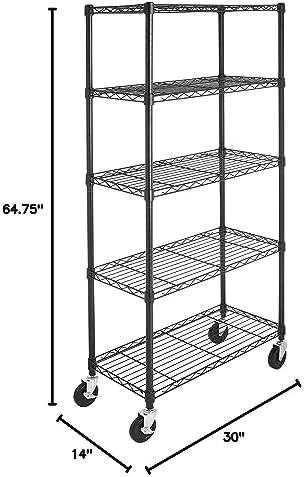 Amazon Basics 5-Shelf Heavy Duty Garage Shelving Storage Rack with 4" Wheel Casters, Adjustable Metal Wire Organizer, 300 lbs Per Shelf, 30" x 14" x 64.75", Black - Image 5