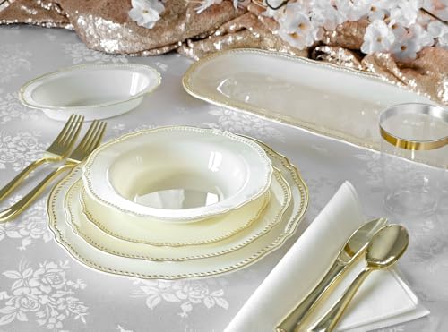 " OCCASIONS " 200pcs set (25 Guest)-Wedding Disposable Plastic Plates & cutlery - 10.25'', 7.5'' +paper napkins, Gold rim cups & Silverware (Rochelle Ivory & Gold) - Image 3