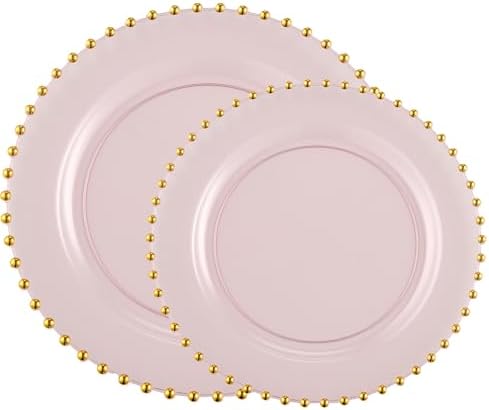 PLASTICPRO 128 Piece Combo Plastic Dinner Plates Disposable Plastic Fancy Heavy Duty Party Dishes 7 inch and 10 inch, Translucent Pink and Gold Beaded - Image 7