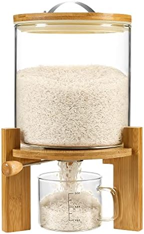 Rice Dispenser, Rice Storage Container：Flour and Cereal Container with Airtight Lid and Wooden Stand, Glass Food Storge Container for Kitchen Organization and Pantry Store (5L) by VuinopDirect