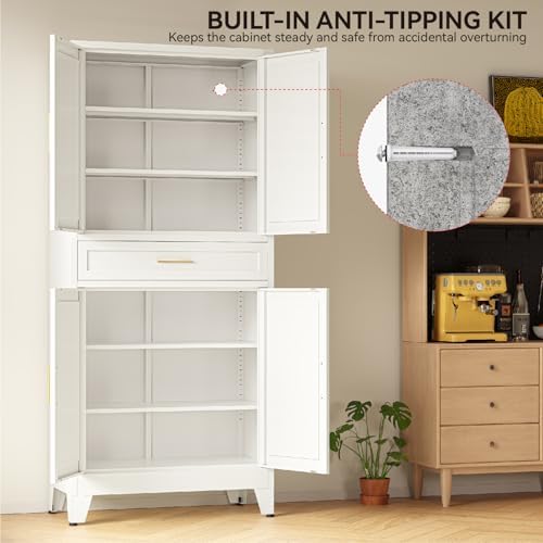 COFaR 71" Tall Pantry Cabinet with Drawer, White Storage Cabinet with Adjustable Shelves, 3-Section Freestanding Cupboard for Kitchen Organization - Image 6