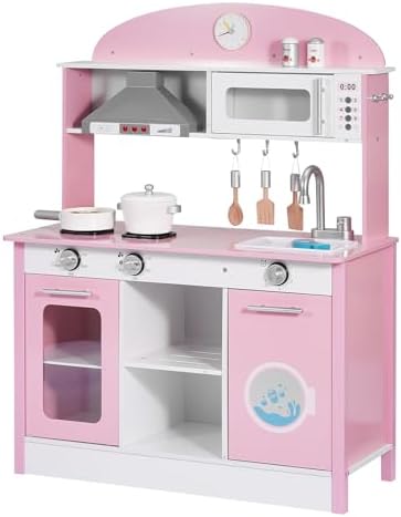VEVOR Play Kitchen for Kids, Wooden, Kids Kitchen Playset with Real Lights & Sounds, Food & Cookware Accessories, Pretend Play Toy Set, Range Hood, Microwave, for Toddlers, Girls & Boys Ages 3-8, Pink - Image 4