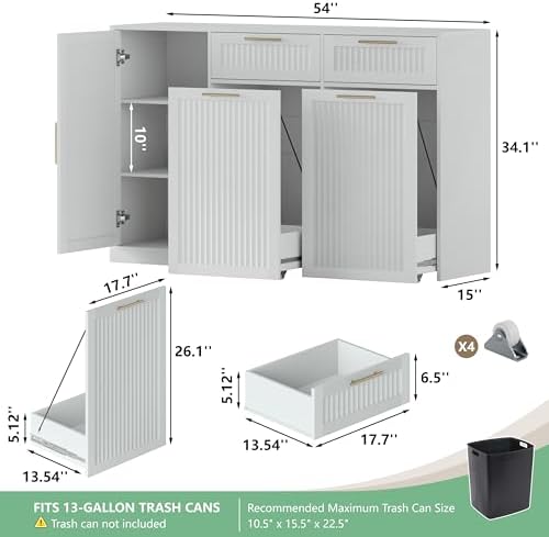 Double 13 Gallon Pull Out Trash Can Cabinet with Storage Cabinet,White - Image 2