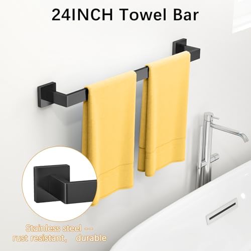 Bathroom Hardware Accessories Set, 10 Piece Black Towel Bar Set Stainless Steel, Towel Racks for Bathroom Wall Mounted Towel Holder Set, 24 inch - Image 3