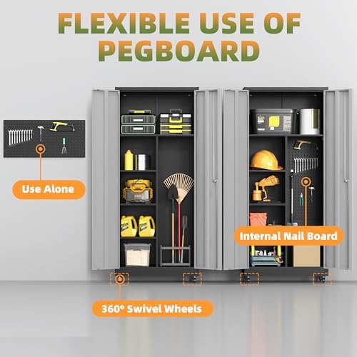71''H Metal Garage Storage Cabinet with Wheels, Broom Cabinet with Lock - Image 5
