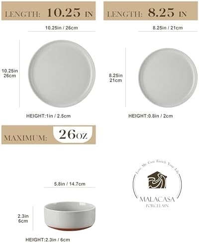 MALACASA Plates and Bowls Sets, 12 Pieces Modern Stoneware Dinnerware Set for 4 Kitchen Dinner Set Ceramic Dishware Dishes Set Microwave and Dishwasher Safe, Grey, Series TARA - Image 2