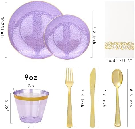 Rubtlamp 350 Pcs Clear Purple Plastic Plates, Gold Plastic Dinnerware Set (50 Guests), Purple Disposable Plates With Gold Rim, Hammered Party Plates Set for Wedding And Party - Image 2