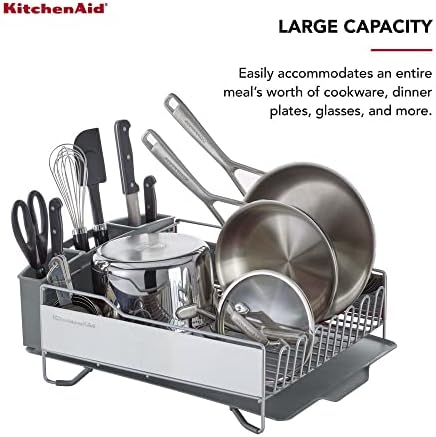 KitchenAid Large Capacity Full Size Rust Resistant Dish Rack with Angled Drain Board and Removable Flatware Caddy, Light Grey - Image 5
