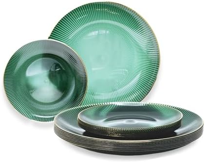 " OCCASIONS " 120 Plates Pack,(60 Guests) Heavyweight Premium Wedding Party Disposable Plastic Plates Set -60 x 10'' Dinner + 60 x 7'' Salad/Dessert (Pearl - Green & Gold) by OCCASIONSFINESTPLASTICTABLEWARE