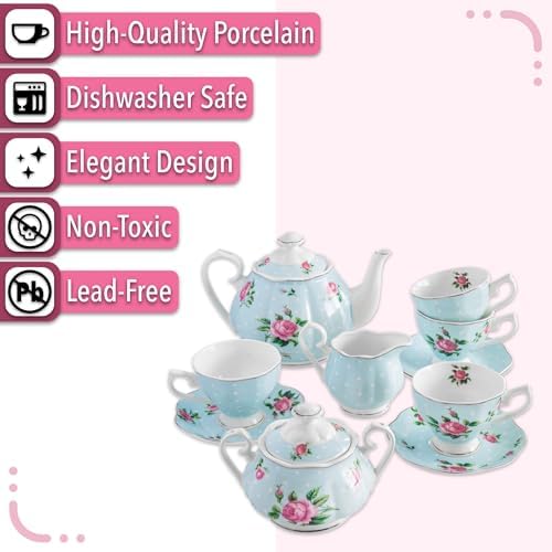 BTaT- Floral Tea Sets for Adults, 13 pcs, Service for 4, Pot (38 oz) & Cups (8 oz) with Saucers, Pastel Blue Floral Design, Porcelain Tea Set for Adult, Dishwasher Safe - Image 4