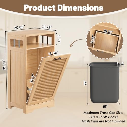 13 Gallon Tilt Out Trash Can Cabinet with Open Shelf & Storage - Pet Proof Hidden Recycling Cabinet & Wooden Laundry Hamper for Kitchen, Bathroom, Living Room,Natural Wood - Image 3