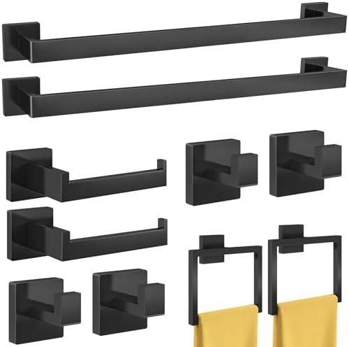 Bathroom Hardware Accessories Set, 10 Piece Black Towel Bar Set Stainless Steel, Towel Racks for Bathroom Wall Mounted Towel Holder Set, 24 inch by FEILERN