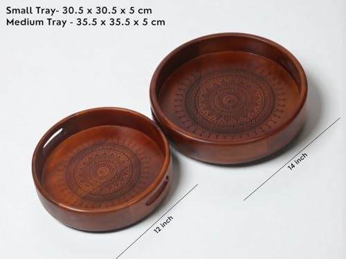 Vesta Homes Set of 2 Aurelia Premium Wood Round Serving Tray for Home/Kitchen/Restaurant/Office Organizer/Dining Table|Premium Wooden Trays|35.5 X 35.5 ; 30.5 x 30.5 cm | Handcrafted in India - Image 2