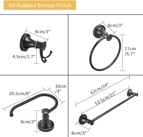 BESy Oil Rubbed Bronze 4 Piece Bathroom Accessories Set (Single Towel Bar, Towel Ring, Toilet Paper Holder, Double Towel Hooks), Wall Mounted Bath Hardware Accessory Fixtures Set - Image 3