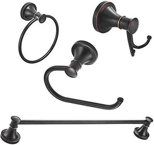 BESy Oil Rubbed Bronze 4 Piece Bathroom Accessories Set (Single Towel Bar, Towel Ring, Toilet Paper Holder, Double Towel Hooks), Wall Mounted Bath Hardware Accessory Fixtures Set by BESy
