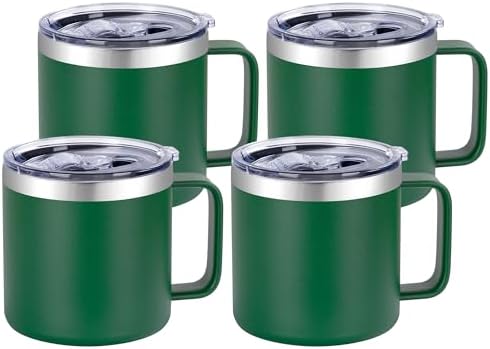 VEGOND 14 oz Insulated Coffee Mug Bulk with Handle, Stainless Steel Travel Coffee Mug with Lid, Double Wall Vacuum Metal Coffee Cup, Coffee Tumbler Powder Coated, Dark Green 4 Pack by VEGOND