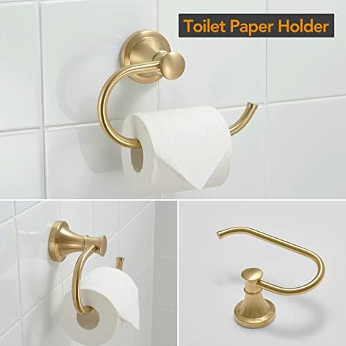 BESy Brushed Gold 4 Piece Bathroom Accessories Set (Single Towel Bar, Towel Ring, Toilet Paper Holder, Double Towel Hooks), Wall Mounted Bath Hardware Accessory Fixtures Set - Image 4