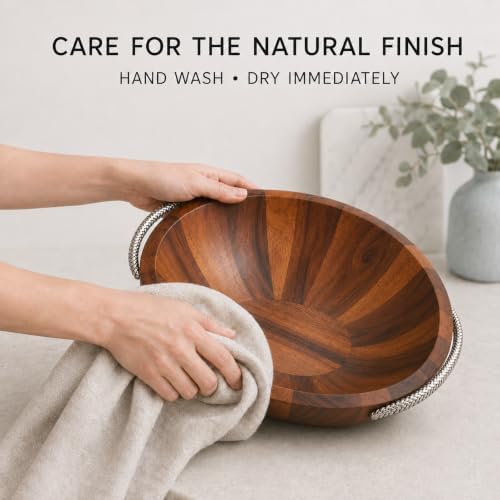 nambe Braid Salad Bowl with Servers | 3-Piece Set | Large Wooden Serving Bowl for Caesar Salad, Large Salads | Big Salad Bowl with Serving Utensils | Made of Chrome & Acacia Wood (20” L x 16” W) - Image 4
