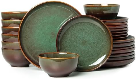 Pokini Stoneware Dinnerware Sets for 8, 24pcs Plates and Bowls Sets Dishes by Pokini