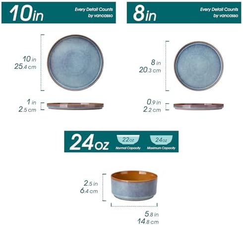 vancasso ONION Ceramic Plates and Bowls Sets, 24 Pieces Blue Dinnerware Sets for Kitchen, Reactive Glaze Dishes Set for 8, Dishwasher and Microwave Safe - Image 2