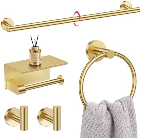 Lairuier Bathroom Hardware Set Brushed Gold, Towel Holder Set Wall Mounted by LairuierBathroomHardwareSet