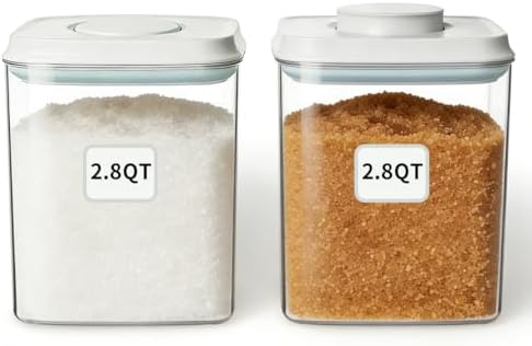 Food Storage Container Set 2.8 Qt ×2 with Lids, Airtight Pantry Canisters, BPA-Free Plastic Flour Sugar Storage Containers, One-Touch Press-to-Open Lids, Stackable Clear Jars for Rice, Cereal, Coffee by ANKOU