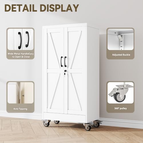 Metal Storage Cabinets with Wheels, Steel Tool Cabinets Lock Door and 3 Adjustable Shelves for Home Office, Garage, Kitchen (White, 47.2" H) - Image 3