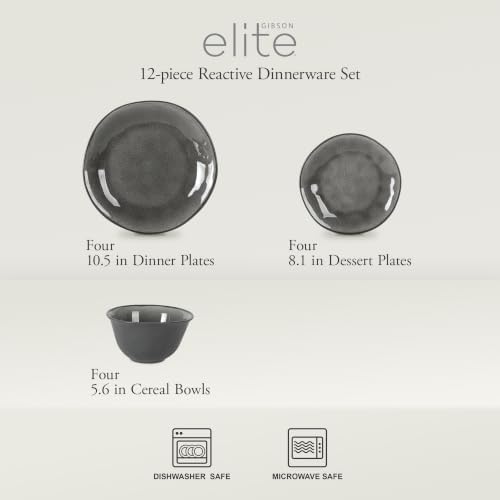Gibson Elite Port Barton Plates and Bowls Sets, 12-Piece Stoneware Dinnerware Sets, Reactive Glaze Dish Set - Black - Image 2