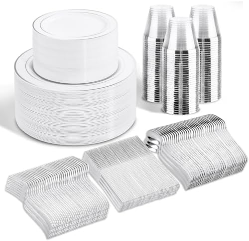 WELLIFE 300Pcs Silver Elegant Plastic Dinnerware Set for 50 Guests - Premium Disposable Party Supplies Includes Dinner Plates, Salad Plates, Cups & Flatware Set for Wedding, Anniversary, Banquet by WELLIFE