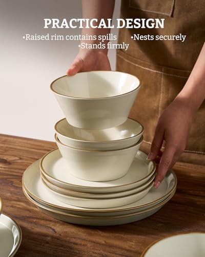 Famiware Saturn Stoneware Dishes Dinnerware Set for 8, Rimmed Plates, Bowls - Image 6