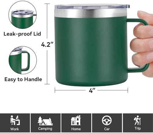 VEGOND 14 oz Insulated Coffee Mug Bulk with Handle, Stainless Steel Travel Coffee Mug with Lid, Double Wall Vacuum Metal Coffee Cup, Coffee Tumbler Powder Coated, Dark Green 4 Pack - Image 3