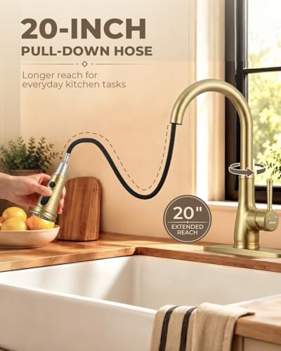 WEWE Vintage Kitchen Faucet, Pull-Down Sprayer, Brushed Gold, High Arc - Image 2