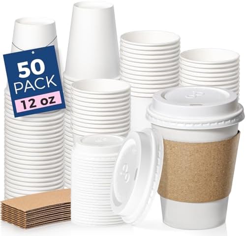 Fit Meal Prep 50 Pack 12 oz Disposable Coffee Cups with Lids, Sleeves, Leak-Proof To Go Coffee Cups with Lids, Durable Hot Paper Cups for Home, Office, Party, Business by FMPBRANDS