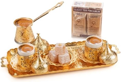 Alisveristime Premium Turkish Coffee Set - 12-Person Turkish Coffee, Cezve, 2-Person Cups, Delight Bowl, and Tray (4 Colors) (Gold) by Alisveristime