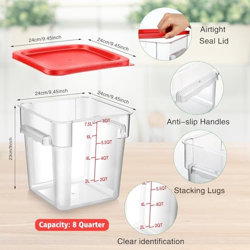 Suclain 2 Pcs Square Food Storage Container Polycarbonate Clear Food Container with Lid Commercial Rice Storage with Graduations for Commercial Kitchen(8 Qt,Red) - Image 2