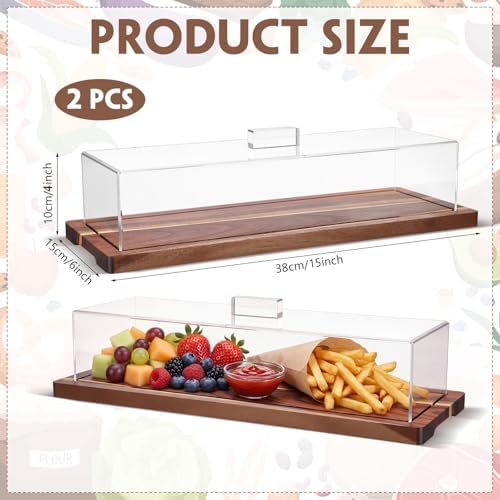 Mifoci 2 Pack Acacia Wood Cake Stand Serving Tray with Acrylic Lid, 15 x 6 x 4 Inches Charcuterie Table Display Set, Dessert Serving Tray Set for Bakery, Buffet, Home Party & Restaurant - Image 2