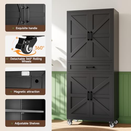 Letaya Metal Garage Storage Cabinet with Wheels,Kitchen Pantry with Drawer - Image 5