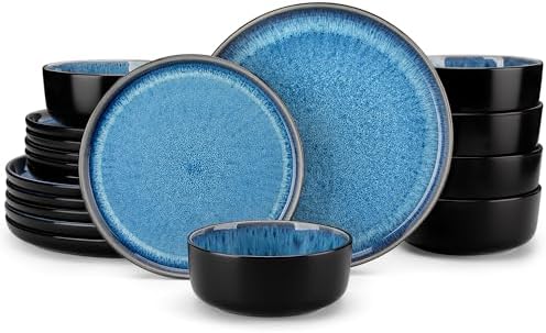 vancasso PLAYA Plates and Bowls Sets, 18 Pieces Blue Dinnerware Sets for Kitchen, Reactive Glaze Dishes Set for 6, Dishwasher and Microwave Safe by vancasso