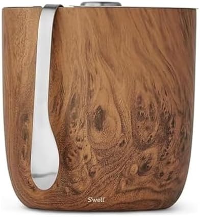 S’well Stainless Steel Ice Bucket with Tongs, 68oz Capacity, Teakwood Pattern Finish, Triple-Layer Vacuum Insulated to Keep Ice Colder Longer, BPA-Free Barware by Swell
