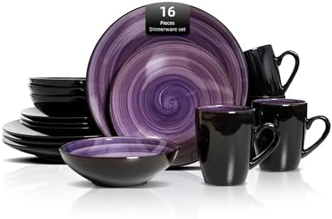 HomeVss Sonoma 16-Piece Dinnerware Set - Serves 4, Black and Speckled Purple Plates & Bowls Set | Microwave & Dishwasher Safe, Spinwash Purple by HomeVSS
